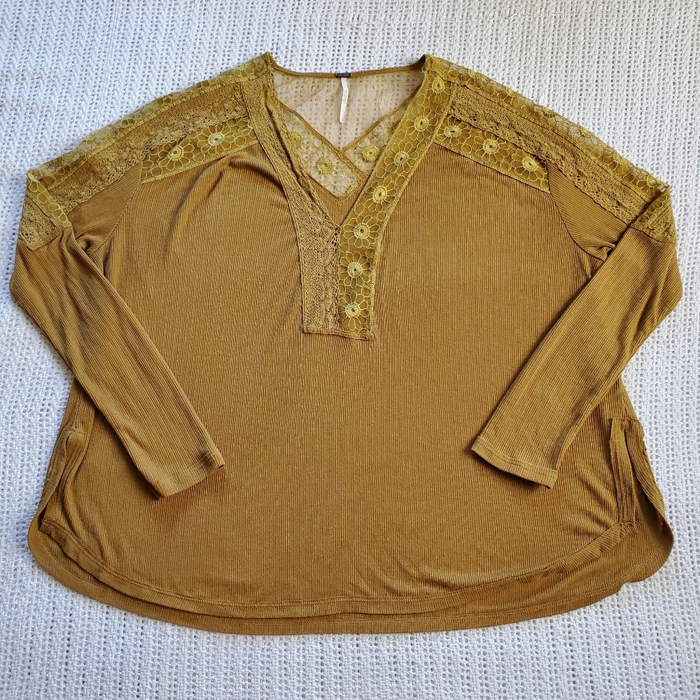 Free People Lola Long Sleeve Lace Top Size Small Mustard Womens Ribbed Shirt